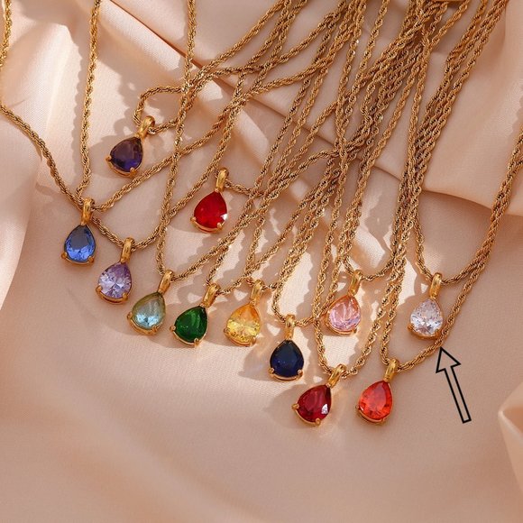 Zircon Water Drop Pendant Necklace Rope Chain 18K Gold Plated Birth Stone - Picture 6 of 6